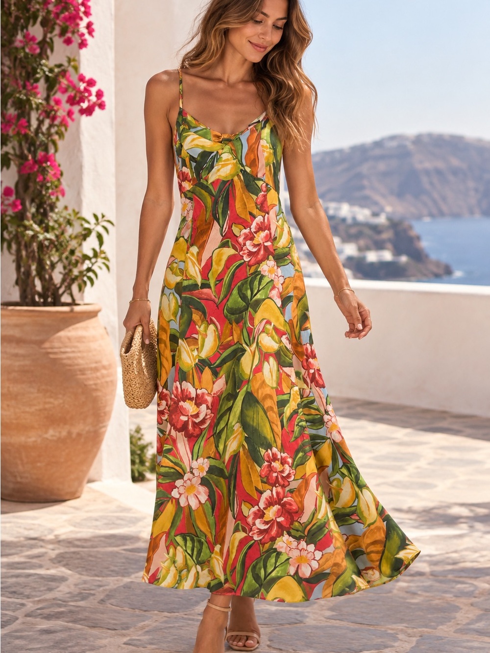 FARM Rio Botanical Maxi Slip Dress in Green, Yellow & Pink